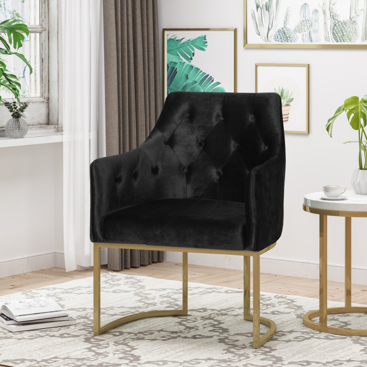 GDF Studio Fern Modern Tufted Glam Accent Chair with Velvet Cushions and U-Shaped Base